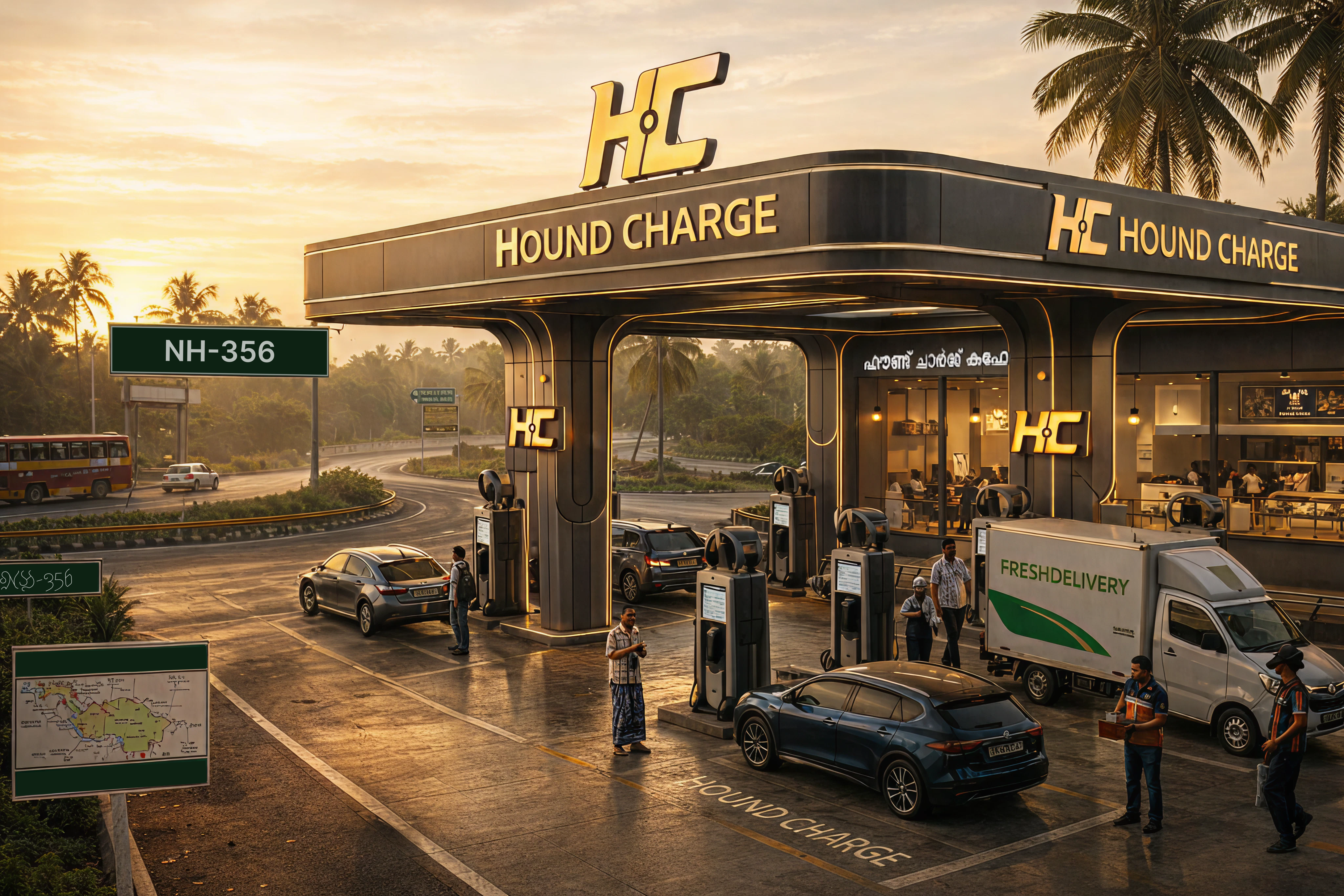 Highway EV charging station sunset